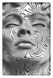 Abstract face with intricate black and white line patterns.