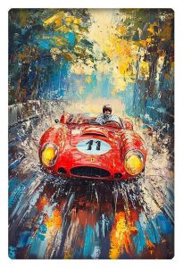 A vibrant red vintage race car with the number 11, speeding through a wet road, splashing water in a dynamic forest setting.