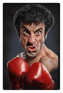 A detailed caricature of Rocky Balboa in boxing gloves, capturing his intense expression and signature tough-guy persona in a humorous, exaggerated style.