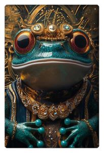 A regal frog adorned with golden jewelry, large captivating eyes, and an ornate, majestic background.