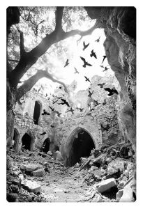 A black-and-white photograph of an ancient stone ruin, where birds take flight through a broken archway, surrounded by debris and framed by gnarled trees.