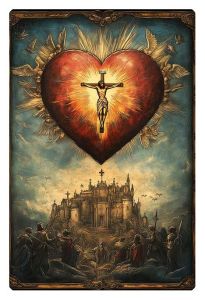 A radiant heart-shaped sun with Jesus on the cross in the center, glowing above a medieval fortress, surrounded by angelic figures.