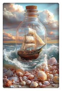 A detailed ship model inside a glass bottle, sailing through waves surrounded by seashells on a beach.