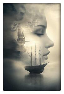 A serene ship sailing through mist, blending seamlessly into a woman's peaceful profile, creating a surreal connection between dreams and the sea.