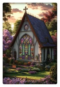 A beautifully detailed church surrounded by a vibrant garden, with sunlight streaming through intricate stained glass windows.