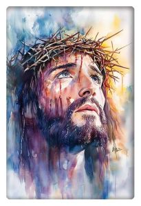 Watercolor painting of Jesus Christ with a crown of thorns, gazing upwards with a serene expression amidst soft hues.