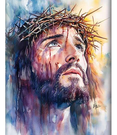 Watercolor painting of Jesus Christ with a crown of thorns, gazing upwards with a serene expression amidst soft hues.