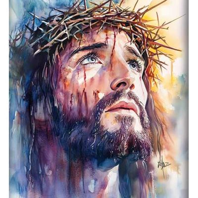 Watercolor painting of Jesus Christ with a crown of thorns, gazing upwards with a serene expression amidst soft hues.