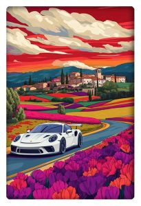 A sleek white sports car races along a winding road surrounded by vibrant fields of flowers under a dramatic red sunset sky, with a picturesque countryside village in the background.