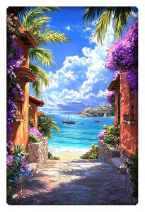 A bright and colorful anime-style illustration of a cobblestone path lined with flowers and palm trees, leading to a sunlit beach with boats anchored in the calm ocean.