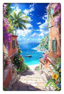 A vibrant anime-style illustration of a sunlit coastal village street leading to a turquoise sea with boats.