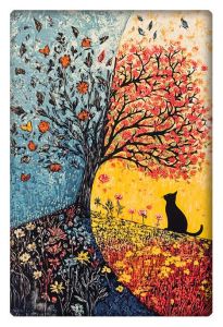 A beautiful split tree representing two seasons, with butterflies and flowers, while a black cat silhouette sits against the backdrop of the setting sun.