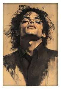 Sepia-toned artistic portrait of Michael Jackson with an intense upward gaze, blending abstract and realistic elements.