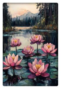 Impressionistic painting of pink water lilies on a calm lake with a mountainous backdrop.