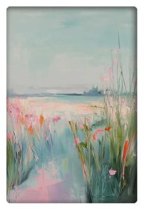 Abstract oil painting of a peaceful landscape with soft pastel greens, blues, and pink flowers.