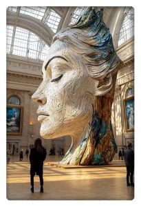 A monumental sculpture of a serene female face, intricately carved and displayed in a grand art gallery with towering ceilings.