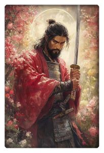 A traditional Japanese warrior in red robe, standing in a serene garden with sword drawn.