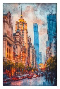 A vibrant oil painting of Shanghai's bustling city street, showcasing a blend of historic architecture and towering modern skyscrapers in the background.