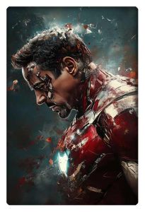 Abstract depiction of Tony Stark removing his Iron Man suit, fragmented and emotional.