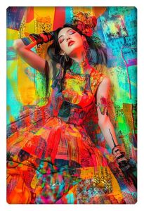 Vibrant mixed-media portrait of a woman in bold fashion with colorful, abstract Shinjuku-inspired background.