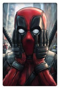 Deadpool in a shocked expression with hands on his face, katanas on his back, and a cityscape in the background.