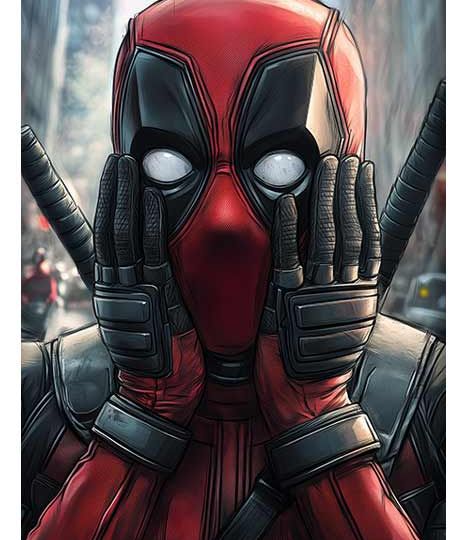 Deadpool in a shocked expression with hands on his face, katanas on his back, and a cityscape in the background.