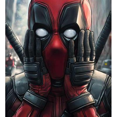 Deadpool in a shocked expression with hands on his face, katanas on his back, and a cityscape in the background.