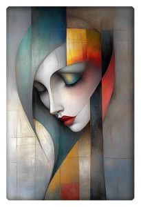 A captivating, AI-generated abstract portrait featuring a woman's face rendered in a cubist style with soft color blocks in red, blue, yellow, and gray, blending geometric shapes with emotional depth.