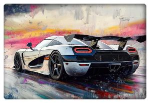 Digital painting of a silver Koenigsegg Agera RS speeding against a vibrant sunset backdrop, capturing sleek lines and dynamic energy.