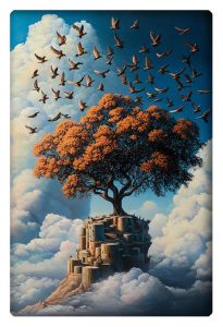 A surreal landscape featuring a tree atop a fortress, surrounded by clouds and birds flying above.