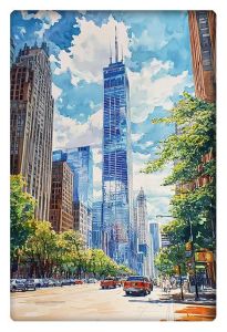 A vibrant watercolor painting of a Chicago city street, featuring towering skyscrapers and bustling traffic beneath a bright, cloud-filled sky.