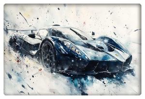 Watercolor artwork of a futuristic black sports car, captured in motion with splashes of abstract dark blue and white.