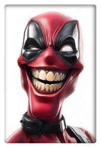 Caricature of Deadpool with an exaggerated wide smile, showcasing his iconic cheeky expression.