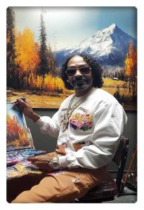 Snoop Dogg dressed as Bob Ross, painting a scenic mountain landscape with autumn trees.