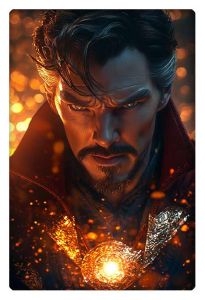 Close-up of Doctor Strange with glowing magic artifact, intense focus, and fiery magical background.