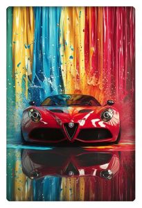 Vibrant artwork of a red sports car against a backdrop of cascading blue, yellow, and red paint.