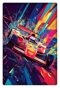 A vibrant abstract depiction of a Formula 1 car in motion, bursting through geometric shards of color, symbolizing speed, precision, and energy.