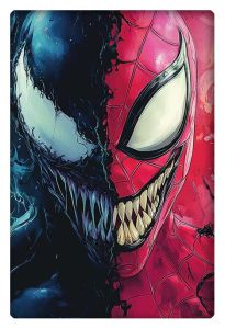 Split image of Spider-Man and Venom, showcasing their contrasting characters.