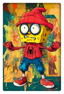 A cartoon character resembling SpongeBob in a Spider-Man outfit, blending comic and anime styles in a colorful, energetic background.