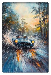 A vintage blue race car speeding through a water-covered track, creating a dramatic splash in a forested environment.