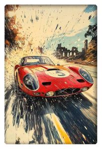 A red Ferrari 250 GTO speeds through a dynamic scene, splattering paint in all directions, capturing the thrill of high-speed driving.