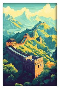 Illustration of the Great Wall of China winding through lush green mountains.