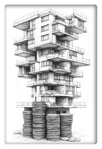 A detailed black-and-white pencil drawing of a modern building with a unique stacked design, sitting atop large piles of coins, symbolizing the intersection of architecture and wealth.