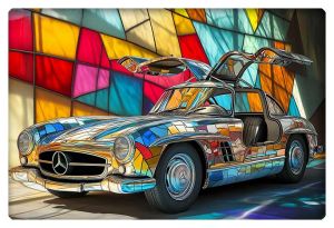 A stained glass-inspired artwork of the Mercedes-Benz SL 300 Gullwing, set against a background of colorful geometric patterns, with the car itself adorned in intricate stained glass textures.