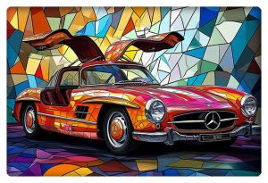 A vibrant stained glass-style illustration of a classic Mercedes-Benz SL 300 Gullwing, showcasing bold colors and intricate detailing.