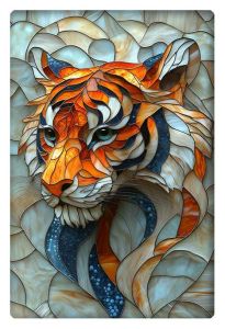 A visually striking stained glass artwork of a tiger, showcasing intricate patterns and vibrant hues of orange, blue, and white.