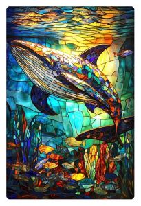 A stunning stained glass artwork of a whale swimming underwater, illuminated with vibrant hues of blue, green, and orange.