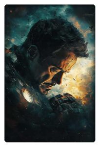 Emotional portrait of Tony Stark removing his Iron Man suit, set against a dramatic background.