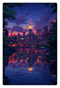 A vibrant, starlit evening scene of the New York City skyline, with the glowing Empire State Building reflected perfectly in the calm waters of a park.