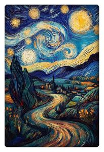 Vibrant swirling night sky over a peaceful village, inspired by Van Gogh's Starry Night.